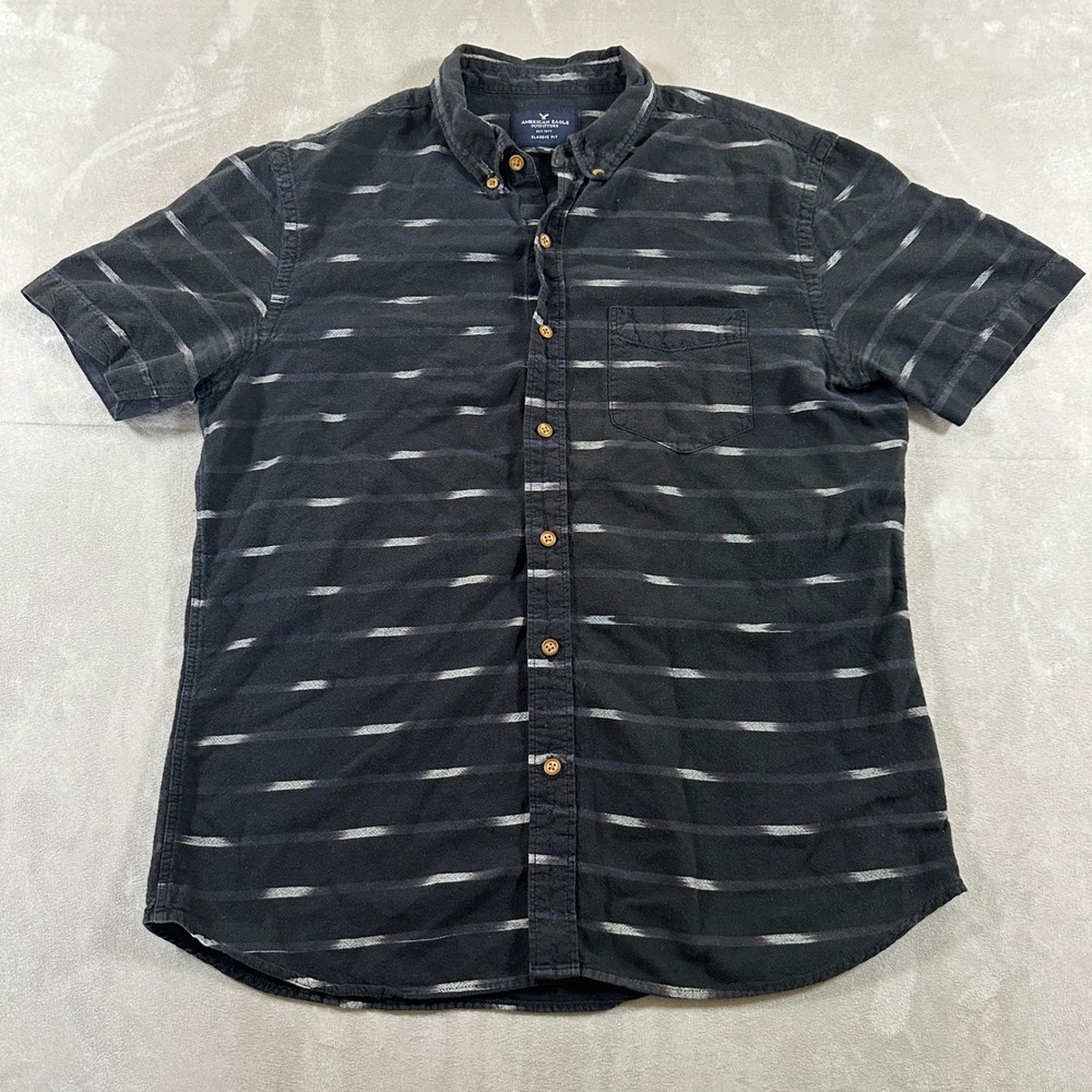 American Eagle Button Down Shirt Men Med Black Ikat Striped Short Sleeve Preppy